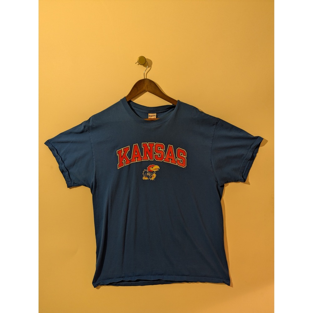 Jerzees Kansas Jayhawks T-Shirt Mens XL Blue Excellent Graphic Tee NCAA Fan Gear